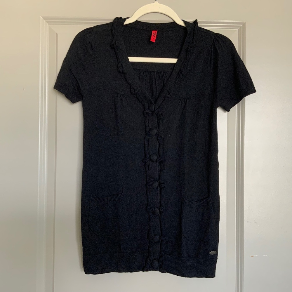 Women’s QS by s.Oliver Black Pullover Short Sleeve Button Down Sweater Size S